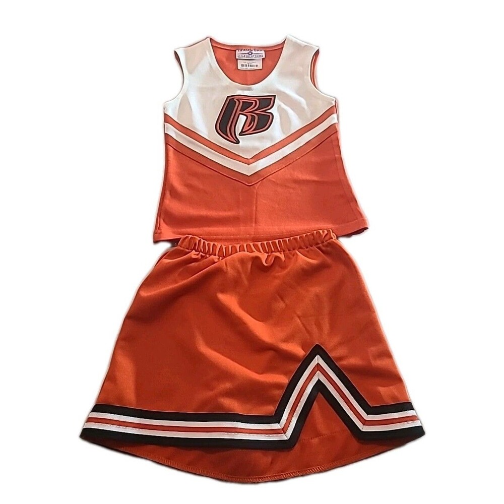 Teamwork Orange Black White Cheerleading Ruff Rders Top 2XS 22-24 skirt S 20-22
